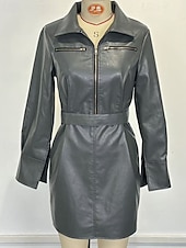 abordables Vestito Semplice-Women's Mini Dress Sheath Dress Leather Dress Fashion Modern Daily Vacation Going out Regular Fit Plain Long Sleeve Shirt Collar Grey Spring Fall Winter