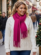 ieftine Accesorii de Crăciun-Eșarfă de Crăciun pentru femei, cu aspect de cașmir, șal de iarnă moale din imitație de cașmir cu ciucuri, eșarfă caldă de culoare uni pentru sărbători, exterior și purtare zilnică