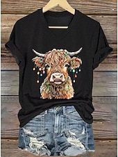 お買い得  動物のTシャツ-女性用Tシャツ グラフィック 動物 牛 ヴィンテージ スタイリッシュ クラシック 半袖 Vネック レギュラー トップス 日常用 プリント ブルー ブラック ホワイト ピンク レッド 夏 春 秋 冬