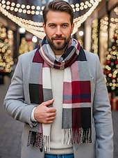 levne Pánské kravaty a motýlky-Pánská vánoční kostkovaná šála – stylová polyesterová šála s třásněmi – dostupná v několika barvách – teplý sváteční doplněk pro muže