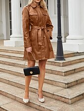 billiga Jackor i konstläder-Dam Imitationsläderjacka Trenchcoat Bekväm Knappar Ledigt Slät Utomhus Semester Helgdag Utekväll Lång Nedvikt Normal Långärmad Ytterkläder Svart Vin Kamel Vår Höst