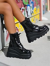 levne Platformové boty-Dámské černé lakované kotníkové boty na platformě s leopardím potiskem, robustní šněrovací boty v bojovém stylu pro streetwear &amp;večer venku