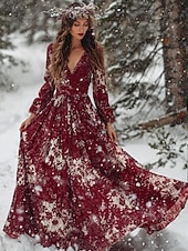 billige Kjoler til nyttårsaften-Dame Snøfnugg Maxi Kjole Plisserte Kjole Fest Casual Boho Daglig Date Gå Ut Vanlig Passform Grafisk Langermet V-Hals Vinhvit Grønn Høst Vinter
