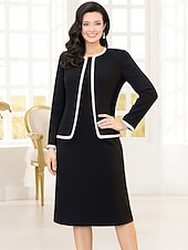 tanie Zestawy sukienek dla mamy-Dwuczęściowa Garnitur Sukienka dla matki panny młodej Formalny Elegancja Półgolf Lekko nad kolana Poliester Długi rękaw z Jeden kolor