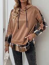 cheap Graphic shop Sweatshirts &amp; Hoodies-Women&#039;s Pullover Hoodie Sweatshirt Plaid Vintage Casual Long Sleeve Hooded Regular Tops Street Casual Sports Drawstring Patchwork Pink Army Green Dark Gray Beige Coffee Fall Winter