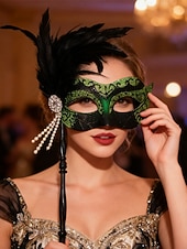 billige Maskerade Tilbehør-Håndholdt maskerademaske med grønn fjær for kvinner, strass og perledetaljer til julefest og Great Gatsby-ball &amp;karneval