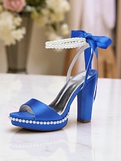 abordables Demoiselle d&amp;#39;honneur-Escarpins à plateforme en satin rose pour femme avec bride cheville en perles et nœud - sandales élégantes à talons hauts pour cocktails et événements formels