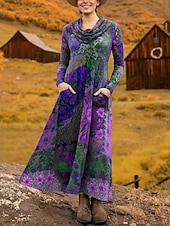 お買い得  ボヘミアンドレス-女性用 ミディドレス シースドレス A ラインドレス フィット＆フレアドレス 旅行度假风 パーティー カジュアル オフィス 日常 デート レギュラー フラワー グラフィック 長袖 カウルネック パープル ブラウン グリーン 春 秋 冬