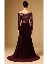 cheap Ball Gown Evening Dresses-A-Line Sweep / Brush Train Evening Gown Ball Gown with Overskirt Formal Dress Elegant Glittering Celebrity Style Long Sleeve Off Shoulder Formal Wedding Sequined Velvet with Pleats Ruched