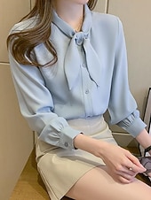 preiswerte Schicke Blusen-Damen Hemd Elegant Satin-Top Bluse Schleife Einfach Stilvoll Langarm Rundhalsausschnitt Normale Oberteile Ferien Ausgehen Blau Weiß Frühling Herbst