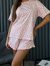 cheap Women's Sleep Tops &amp; Bottoms-Women's Pajamas Loungewear Pajama Set Pajama Shorts Fashion Casual Comfort Graphic Pure Color Elastic Waist Pant Shorts Vacation Home Daily Short Sleeve Crew Neck Pink Green Gray Summer Spring