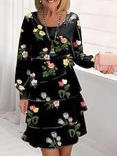 preiswerte Blumenkleid-Damen Knielanges Kleid Freizeitkleid Chiffonkleid Shiftkleid Kleid mit vielen Schichten Elegant Urlaub Party Normale Passform Blumen Langarm Rundhalsausschnitt Schwarz Weiß Blau Grün Sommer Frühling