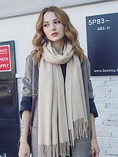 ieftine Accesorii de Crăciun-Eșarfă de Crăciun pentru femei, cu aspect de cașmir, șal de iarnă moale din imitație de cașmir cu ciucuri, eșarfă caldă de culoare uni pentru sărbători, exterior și purtare zilnică