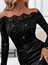 voordelige Kant Tops-Dames Blouse Kanten rand Effen Kleur Elegant Stijlvol Basic Lange mouw Schouderafhangend Normale tops Dagelijks Zwart Lente Herfst Winter