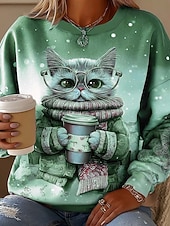 お買い得  動物のトップ-女性用 スウェットシャツ グラフィック 動物 猫 カジュアル 長袖 クルーネック レギュラートップス ストリート 日常着 カジュアル プリント ピンク パープル ブラウン グリーン 春 秋 冬