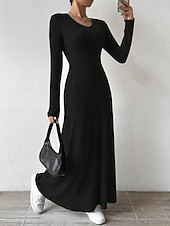 levne Svetrové šaty-Dámské Svetrové šaty Elegantní Na běžné nošení Měkké Čistá barva Rýhovaný Do V Pletený Dlouhý rukáv Běžné topy Plést Venkovní Denní Víkend Černá Trávová zelená Podzim Zima