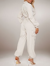 זול סרבל חופשה-בגדי ריקוד נשים סרבלים פעיל צבע אחיד שרוול ארוך מכנסי קרגו צווארון חולצה רוכסן כיס חופשה יומי רגיל שחור משמש אביב