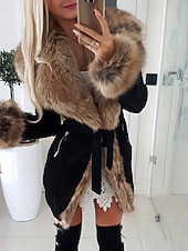 abordables Fourrures &amp; Cuirs-Femmes Manteau d&#039;Hiver Manteau Manteau en Fausse Fourrure Chaud Confortable Patchwork Occasionnel Uni Extérieur Vacances Sortir Week-end Long Col Rabattu Mince manche longue Vêtements d&#039;extérieur