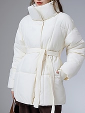 baratos Parka de Inverno-Mulheres Parka Confortável Respirável gravata na frente Bolsos Casual Tecido Férias Rua Casual Roupa Diária Zíper Longo Colarinho Chinês Normal Manga Longa agasalhos Preto Branco Café Primavera Outono