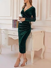 preiswerte Einfaches Kleid-Damen Samt Midi Kleid Etuikleid Wickelkleid A-Linie Kleid Party Cocktail Party Hochzeitsgast Reguläre Passform Einfarbig Langarm V-Ausschnitt Schwarz Lila Grün Herbst Winter