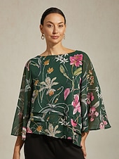billiga skjortor, toppar och blusar-damblus transparent chiffong grön blommig tryck halvärmad rund hals lager-på-lager pullover casual elegant vår sommar höst