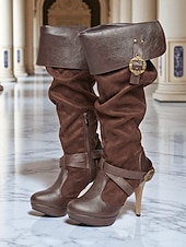 abordables Medieval &amp; Renacimiento-Botas medievales marrones por encima de la rodilla para mujer con tacones de aguja altos y diseño de correa con hebilla, botas de moda de estilo renacentista vintage para fiestas de disfraces, cosplay