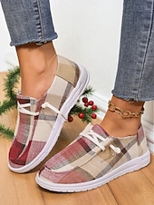 abordables Zapatillas de mujer-Zapatos sin cordones a cuadros para mujer: zapatos casuales y acogedores para Navidad, reuniones de invierno y relajación festiva.