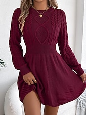 economico Abiti in maglia-Per donna Mini Abito Abiti in tessuto di lino e policotone Abito in maglia Moderno Quotidiano Natale Uscire Vestibilità regolare Semplice Manica Lunga Girocollo Nero Vino Grigio Autunno Inverno