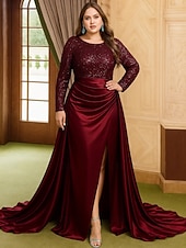 economico Lunghezza del pavimento-Abito a-line lungo fino al pavimento abito da sposa abiti formali abito da sera abito madre della sposa maniche lunghe scollo tondo elegante vintage festa satinato con pieghe paillettes spacco