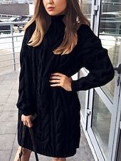 billiga Solida färger-Dam Tröja Tröja klänning Ledigt Mjukt Ren färg Kabel Polokrage Stickat Långärmad Långa toppar Sticka Utomhus Dagligen Helgen Svart Grön Höst Vinter