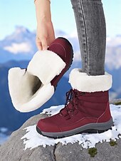 abordables Botas de nieve e invierno-Botas de nieve impermeables con cordones y forro de piel cálida para mujer, botines de invierno antideslizantes para senderismo al aire libre, calzado acogedor y aislante para clima frío