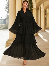 economico Lunghezza del pavimento-Abito da matrimonio a lunghezza terra A-Line Abiti formali Abito a strati Abito per madre della sposa Maniche lunghe Collo a V Elegante Vintage Festa Chiesa Chiffon con rouches a cascata