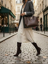 economico Stivali da donna-stivali con tacco alto sopra il ginocchio e punta affilata - stivali alti fino alla coscia in finta pelle scamosciata per donna, disponibili in nero e marrone