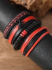 levne Pánské šperky-Pánská sada náramků z umělé kůže, červeno-černé tkané náramky s detaily zlého oka a korálků, stylové na Vánoce, různé vzory