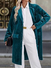 billiga Blazers och kostymer-Dam Kavaj Kappa Håller värmen Bekväm Ficka Knappar Elegant Mode Slät Fest Födelsedag Fest / afton Ledigt Lång Nedvikt Normal Långärmad Ytterkläder Svart Vin Blå Höst Vinter
