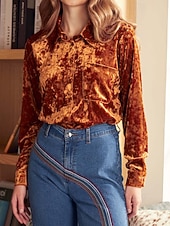 Χαμηλού Κόστους Απλές μπλούζες-Γυναικεία Βελούδο Κομψή Φιλάρεσκος Μπλούζα Κουμπιά Σκέτο Βοημία Βίντατζ Καθημερινά Μακρυμάνικο Κολάρο Πουκαμίσου Κανονικά μπλουζάκια Καθημερινά Βραδινό Ρούχα για Πάρτυ Αργίες