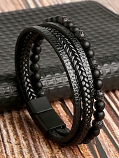 cheap Men&#039;s Jewelry-Men&#039;s Alloy Faux Leather Beaded Bracelet Set, Multi-Layer Braided Wristband with Magnetic Clasp, Fashion Punk Jewelry for Casual, Party &amp; Gift