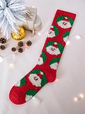 tanie Akcesoria świąteczne-Damskie, świąteczne, puszyste, sięgające do kolan skarpetki, ciepłe i przytulne, zimowe, domowe pończochy z odświętnym, czerwono-zielonym wzorem w gwiazdki, idealne na świąteczny relaks &amp;prezenty