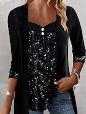 voordelige Kerstblouses en -shirts-Kerstmis Vrouwen Blouse Effen Kleur Elegant Stijlvol Basis Lange Mouwen Vierkante Hals Standaard Tops Dagelijks Sequins Patchwork Zwart Wijn Paars Groen Lente Herfst Winter