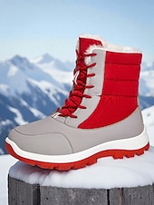 Botas de caminhada de inverno femininas vermelhas com pele sintética – botas de neve duráveis e impermeáveis com blocos de cores para aventuras na neve, perfeitas para viagens de férias baratos Sapatos de Natal Femininos-Botas de caminhada de inverno femininas vermelhas com pele sintética – botas de neve duráveis e impermeáveis com blocos de cores para aventuras na neve, perfeitas para viagens de férias