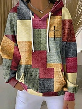 お買い得  ストライプとジオメトリックトップス-女性用 プルオーバー フーディー スウェットシャツ グラフィック 幾何学模様 あたたか ヴィンテージ カジュアル 長袖 フード付き レギュラートップス ストリート 日常着 カジュアル プリント フロントポケット ピンク パープル オレンジ グリーン 秋 冬