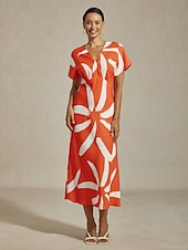 abordables vestido casual-Vestido largo de satén con estampado abstracto para mujer, manga dolman, escote en V, cintura anudada, elegante, informal, para vacaciones, primavera, verano y otoño.