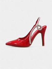 ieftine Pantofi slingback-Pantofi cu toc înalt, roșii, din piele lăcuită, cu slingback - pantofi eleganți stiletto cu vârful ascuțit și strasuri pentru cocktailuri &amp;evenimente formale