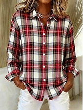 Недорогие Полосатые и геометрические блузки-Жен. Рубашка Блуза Пэчворк Пуговицы С принтом Графика Геометрический принт В клетку Винтаж тропический Повседневные Длинный рукав Рубашечный воротник Обычные топы Повседневные