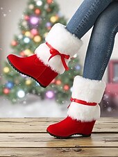 economico Stivali alla moda-stivali da donna con zeppa foderati in pelliccia rossa e fiocco - comodi stivali invernali per feste, Natale, uscite informali e abbigliamento per il freddo