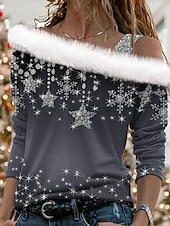 cheap Christmas Blouse&amp;Shirts-Christmas Women&#039;s Snowflake Shirt Graphic Elegant Vintage Party Long Sleeve Asymmetrical Regular Tops Party Evening Wear Holiday Party Outfits Glitter Black Red Blue Purple Green Spring Fall Winter
