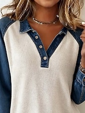  Dame Skjorte Teksturbluse Waffle Lounge T-skjorte T skjorte Lapper Knapper Fargeblokk Aktiv Fritid Langermet Skjortekrage Vanlige topper Daglig Ferie Ut på byen Hvit Høst Vinter