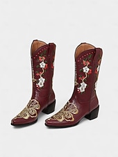 abordables Botas de moda-Botas vaqueras bordadas de piel sintética roja para mujer con diseño floral, tacón de bloque, estilo retro western, perfectas para festivales, salidas informales y Navidad.