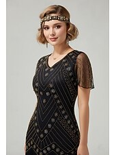 levne 1920s šaty-Řvoucí 20s 20. léta 20. století Ke kolenům Bubenové šaty Krátké rukávy Velký Gatsby Flitry Třásně Do V Maškarní kostým Dámské Vánoce Karneval speakeasy Plesová maškaráda Retro tematická párty Dospělé