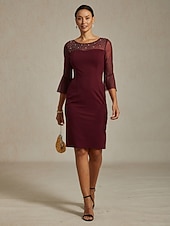  Dam Midiklänning Sheath Dress Elegant Normal Ensfärgat Halvlång ärm Rund hals Vinröd